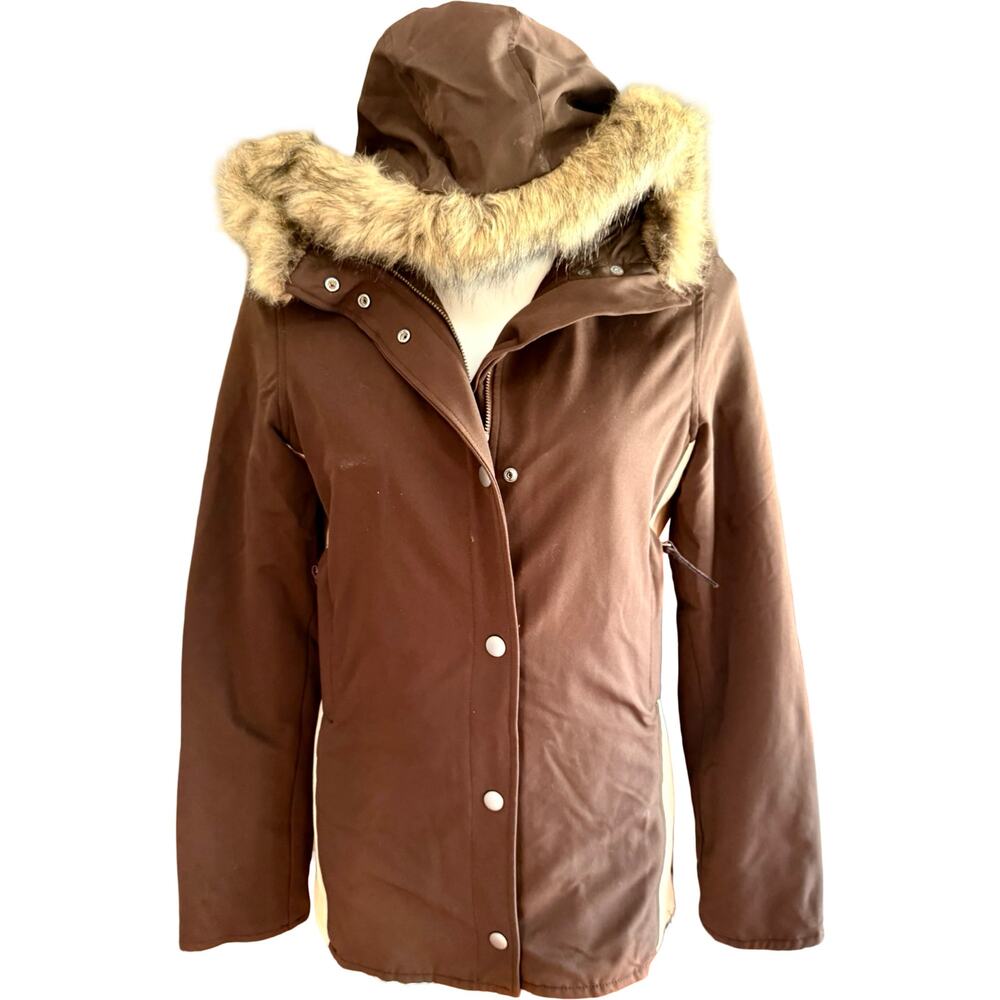 Vintage Old Navy Y2K Brown Parka Faux Fur Hood Ribbed Side Panels Belted Sz M